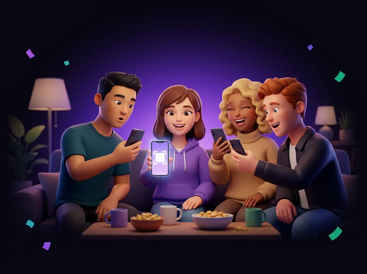 Friends on a sofa holding up their phones to scan a QR code on one friend’s screen