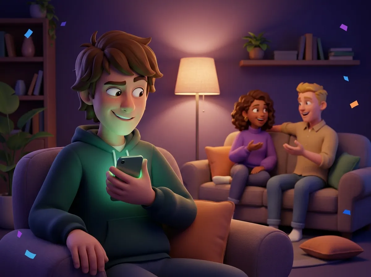 A young man hiding his glowing phone screen from friends chatting on the sofa behind him