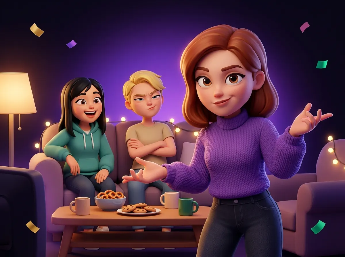 A woman telling a story with big gestures while one friend laughs and another looks suspicious