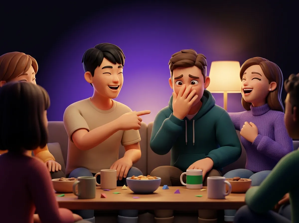 Friends laughing and pointing at one of them, who hides his face in his hand, caught