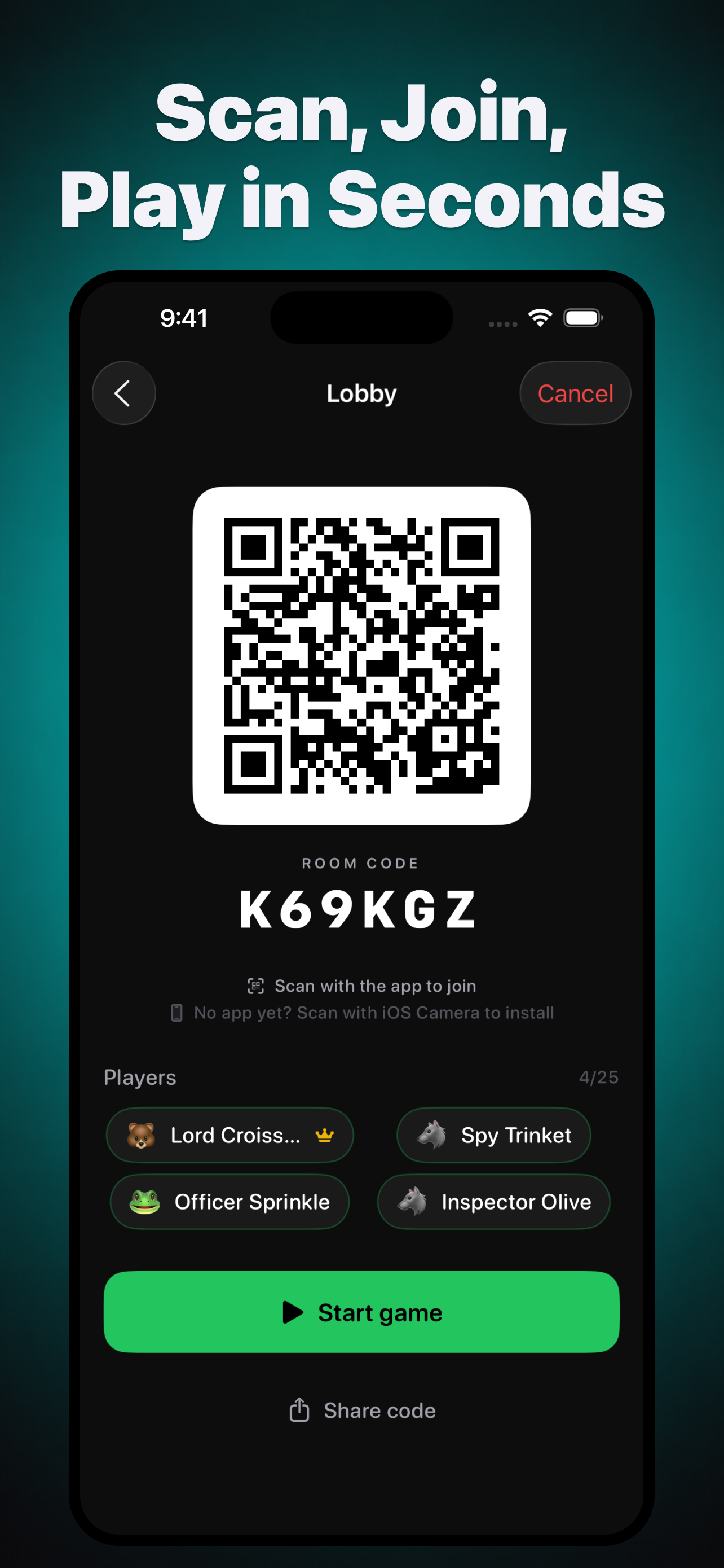 The lobby screen with a QR code and room code to join a game