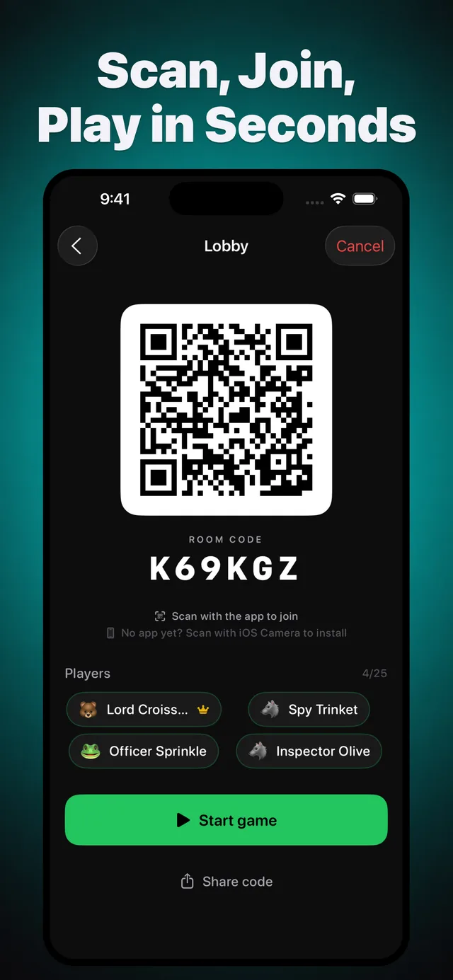 The lobby screen with a QR code and room code to join a game