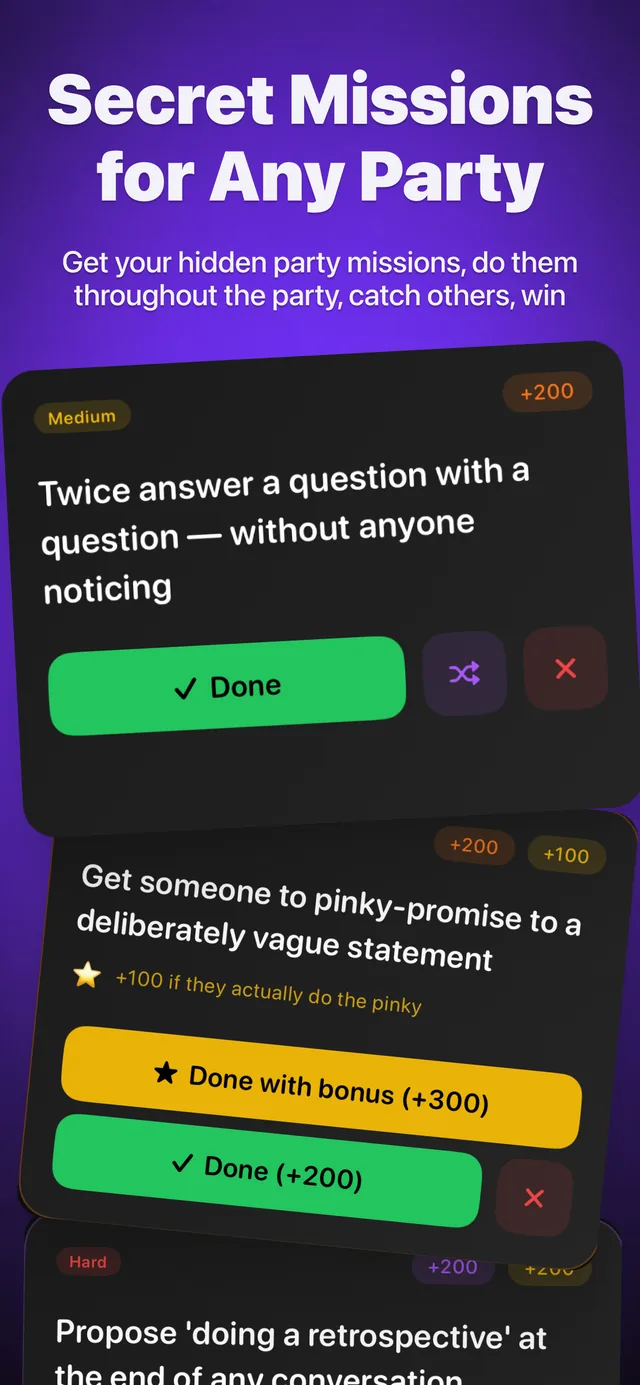 Hidden Agenda — a hand of three secret party missions with points and bonuses