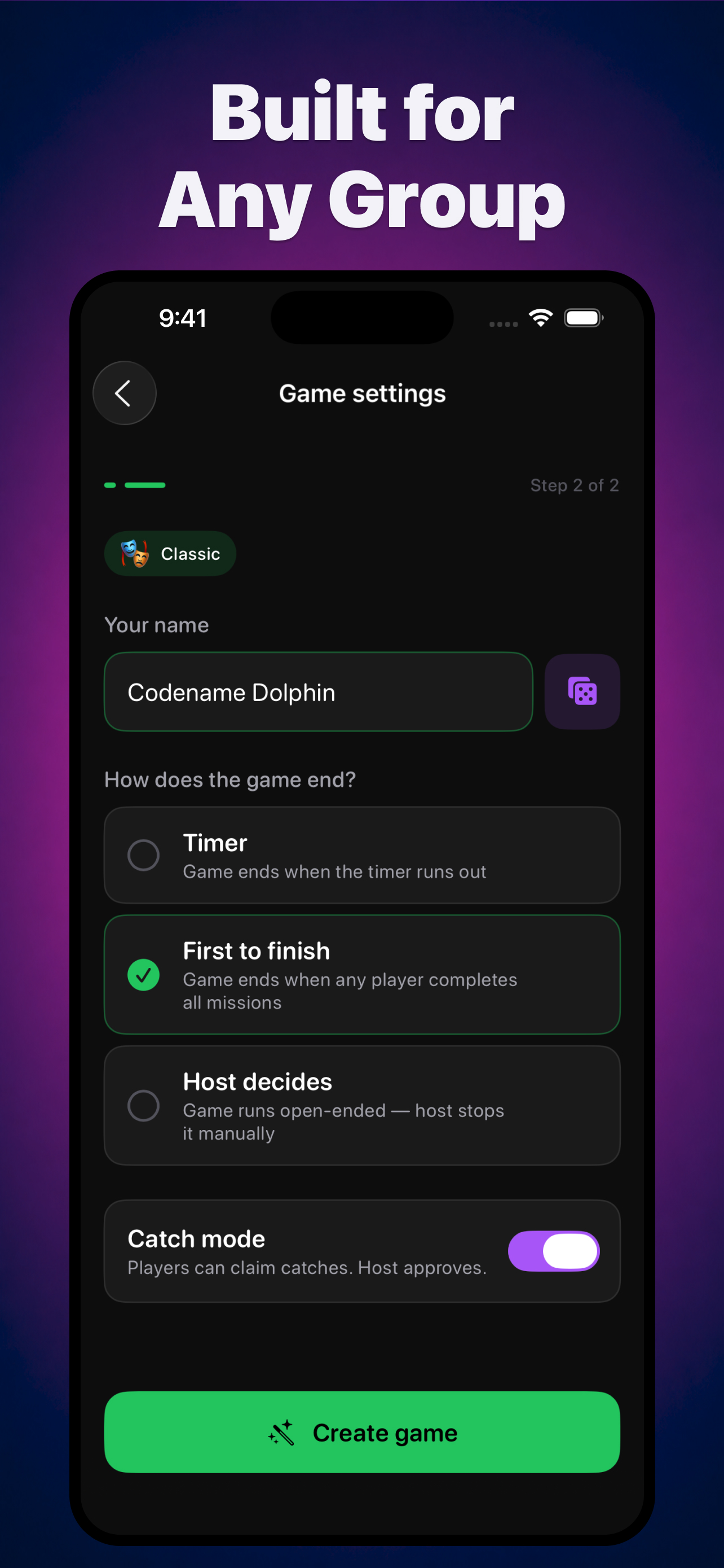 Game settings offering three ways for a round to end