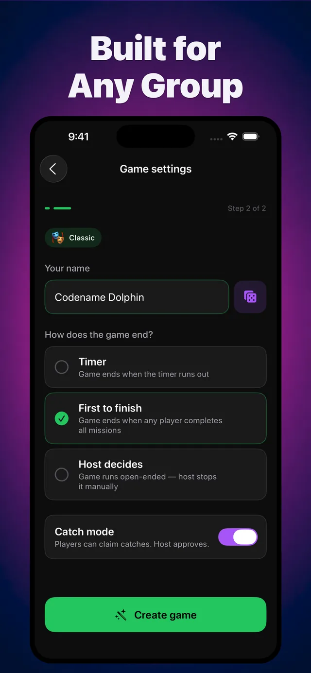 Game settings offering three ways for a round to end